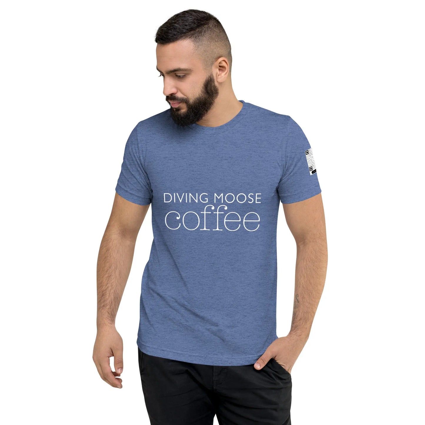 DMC Word Logo with QR Code Short Sleeve Tri-Blend Comfy T-shirt Diving Moose Coffee, LLC