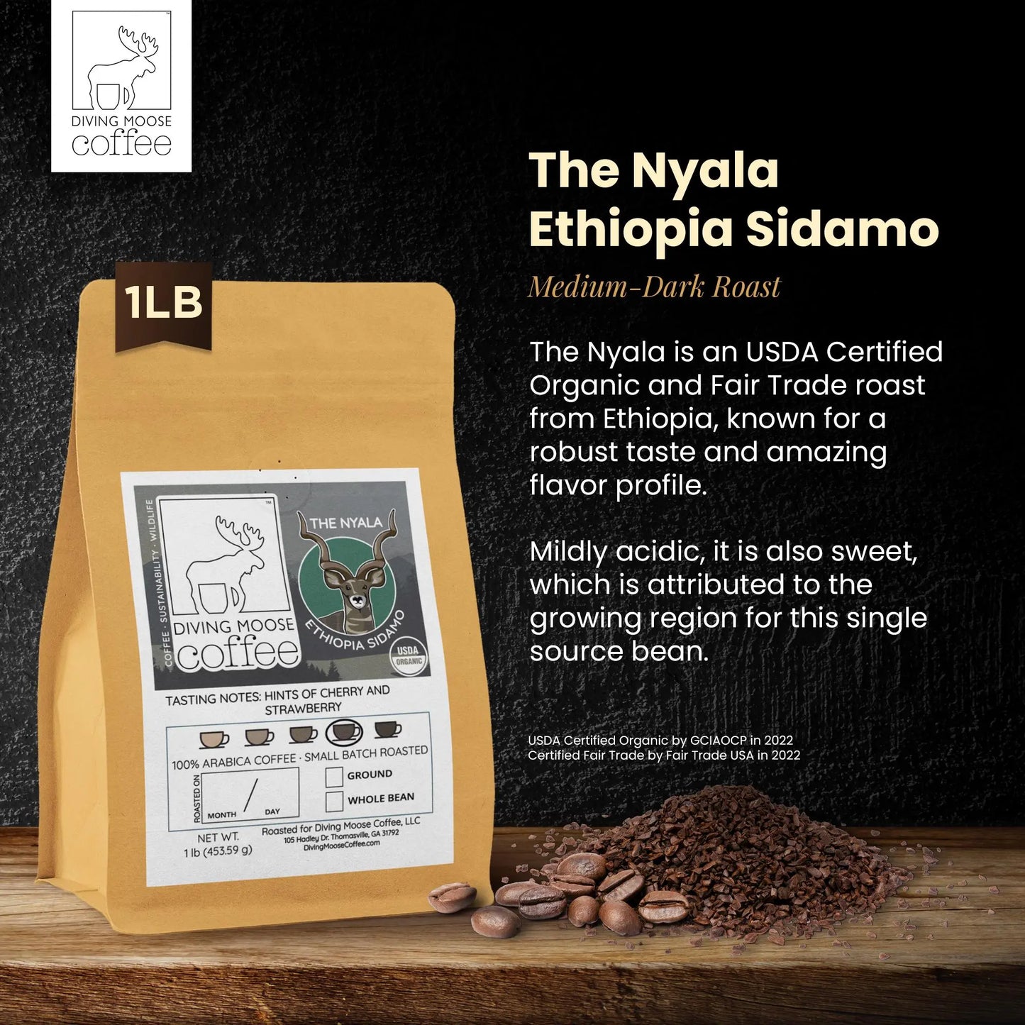 The Nyala - Ethiopia Sidamo Organic Coffee Diving Moose Coffee, LLC