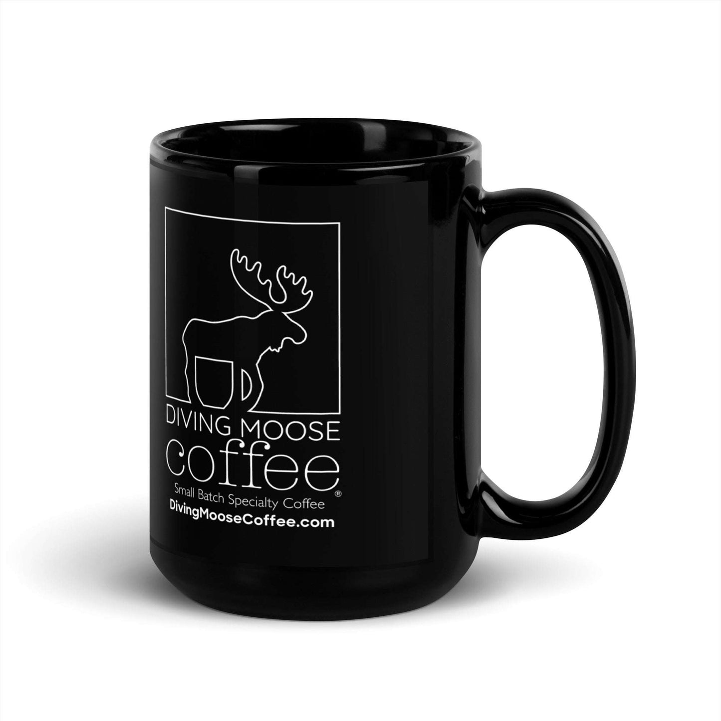 Black glossy ceramic coffee mug with Diving Moose Coffee logo, 15 oz size