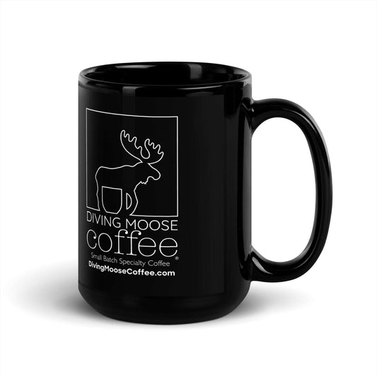 Black glossy ceramic coffee mug with Diving Moose Coffee logo, 15 oz size